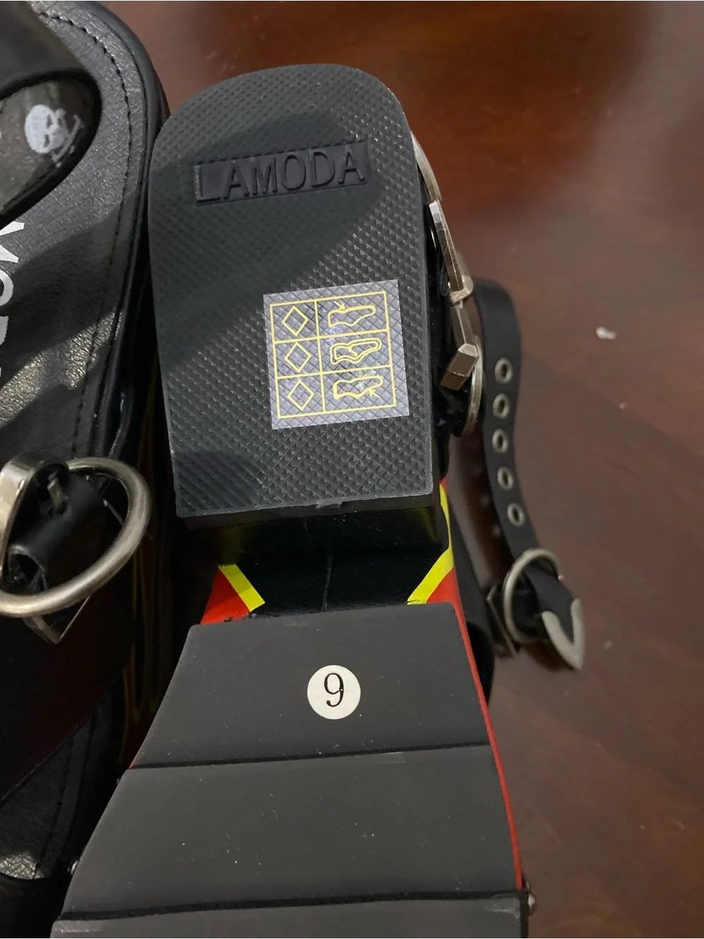Lamo Black Platform Sandals with Red & Yellow Flame and Skull Detail